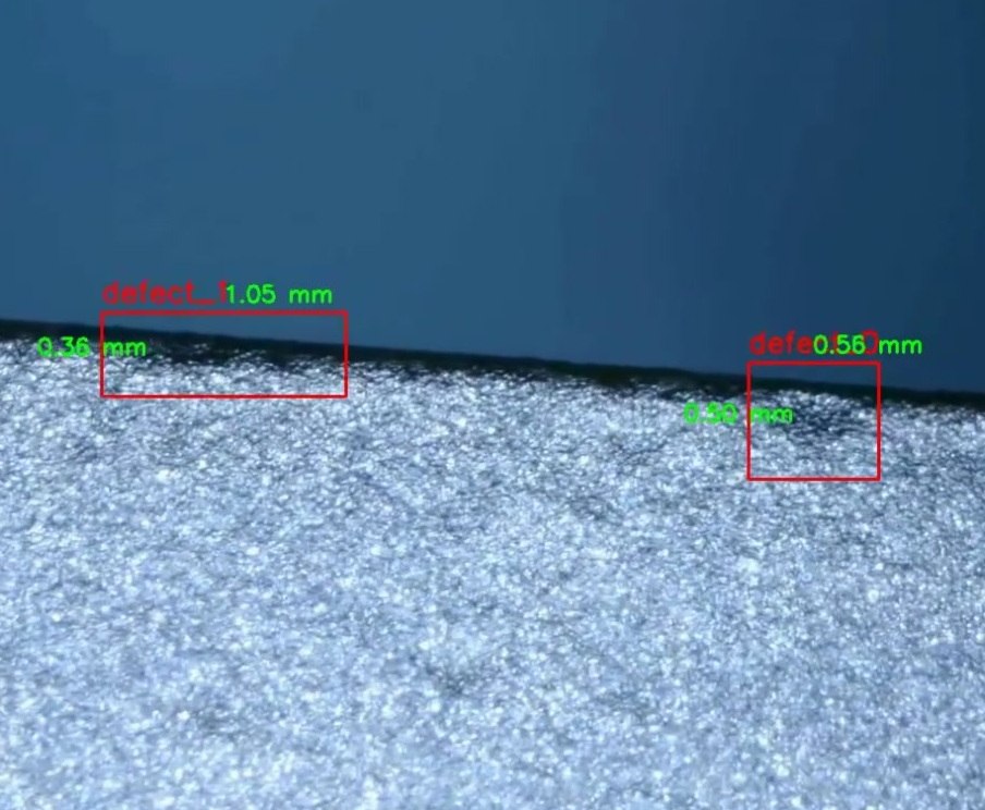 Leading-edge surface of an aircraft engine blade with measured defects boxed