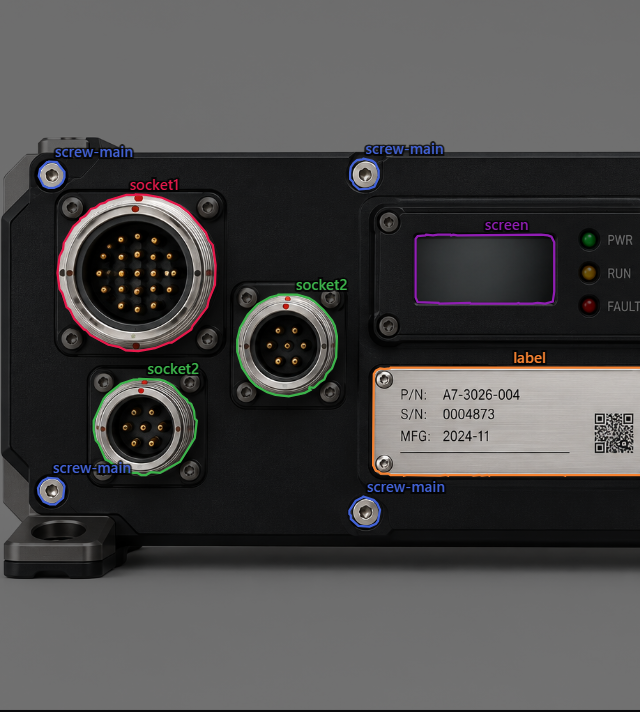 Jet engine control box with sockets, latches, screws, and the nameplate labelled