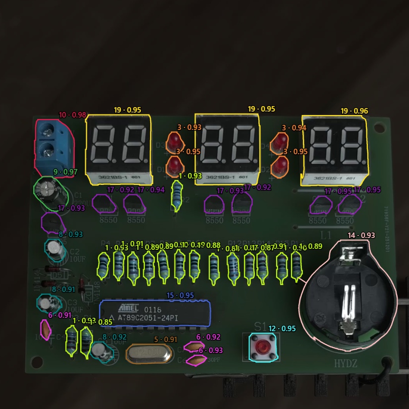 Through-hole PCB with ICs, resistors, diodes, and capacitors labelled