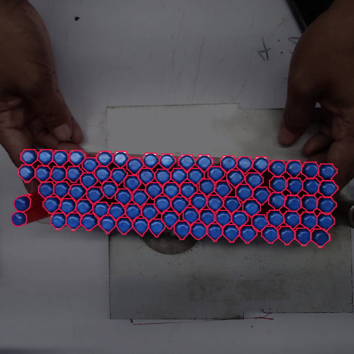 Injection-moulded blue hex pegs each outlined by the detector