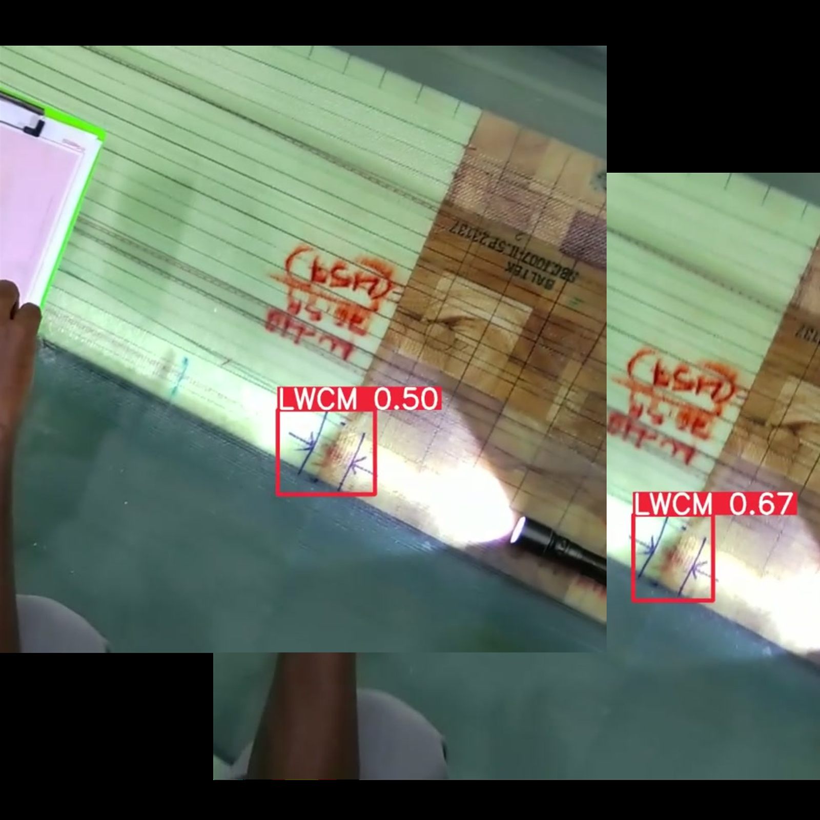 Composite wind-turbine shell surface with ply marks measured under a torch