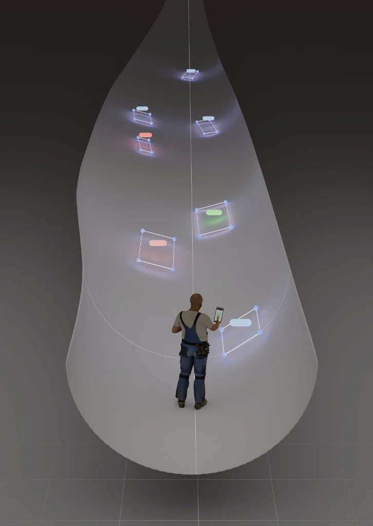 Illustration of Roboscope's AR-anchored defect markers across a wind turbine blade inspection zone